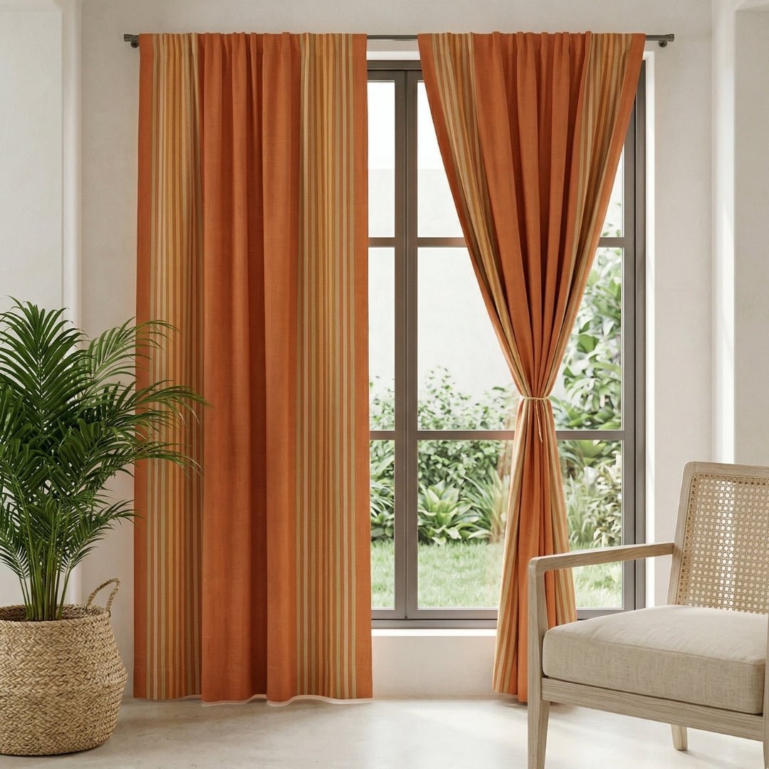 Pure Cotton Semi Blackout Curtains in Apricot and Rust colour with 60% light blocking | Best curtains for living room
