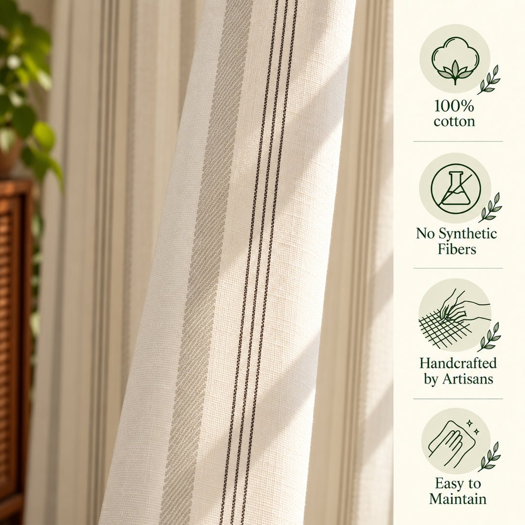 Cotton Door Curtain handwoven in off white and charcoal colours with Double Stripes| 7ft | 50% Light Blocking Cotton Curtains