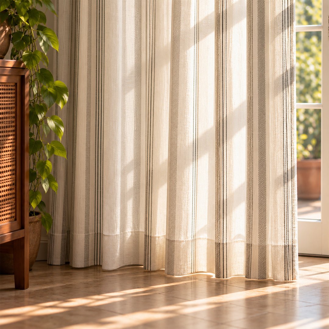Cotton Door Curtain handwoven in off white and charcoal colours with Double Stripes| 7ft | 50% Light Blocking Cotton Curtains