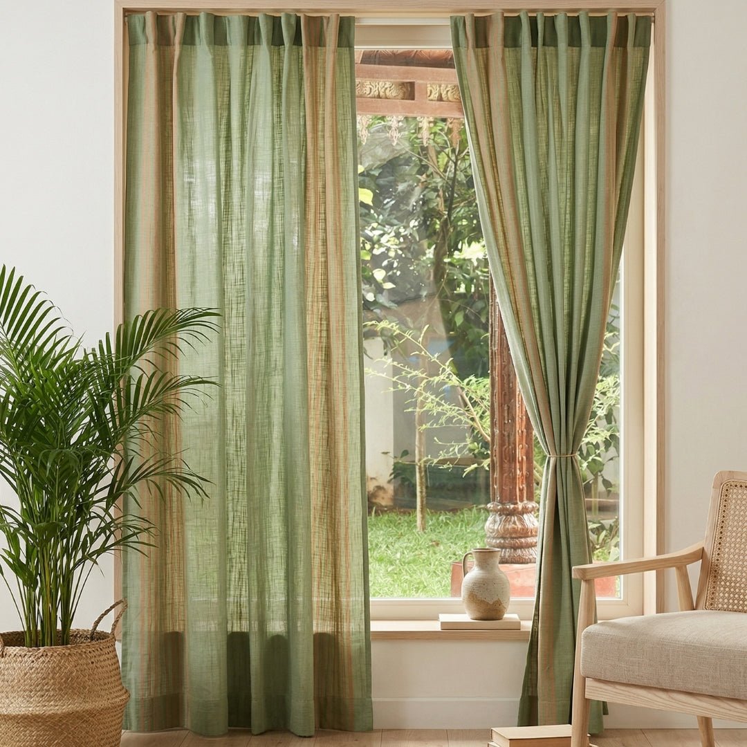 Pure Cotton Semi Blackout Curtains in Sage and Teal colour with 60% light blocking | Best curtains for living room