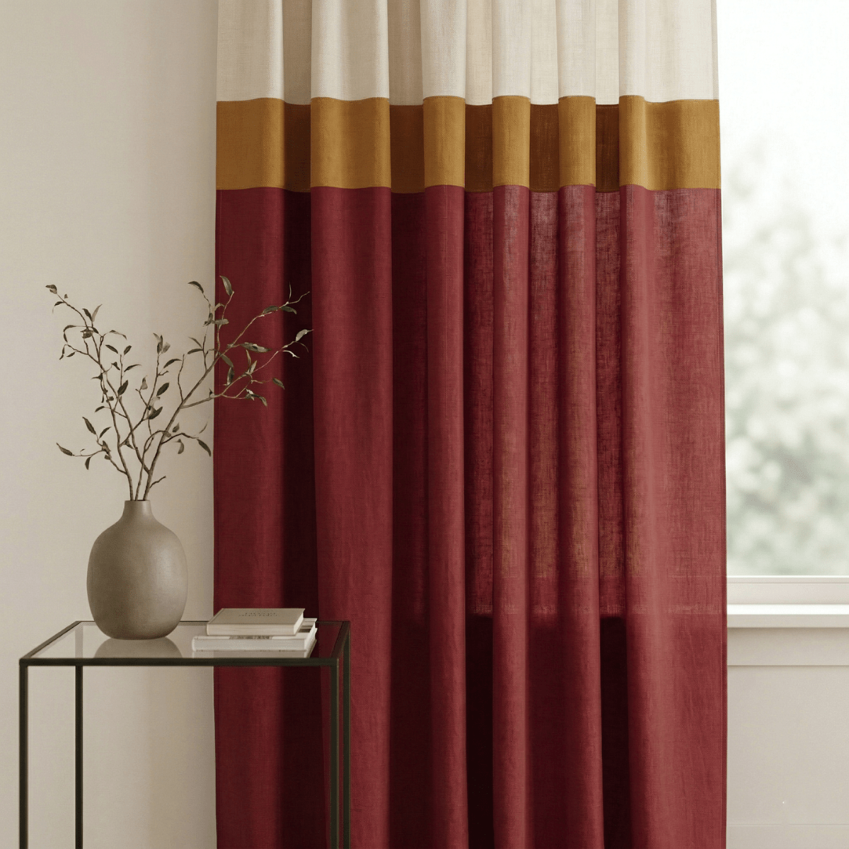 Cotton  Door Curtain in Maroon & Off White | Woven Colour Block Design | 70% Semi Blackout | Top to Bottom Reversible Curtain