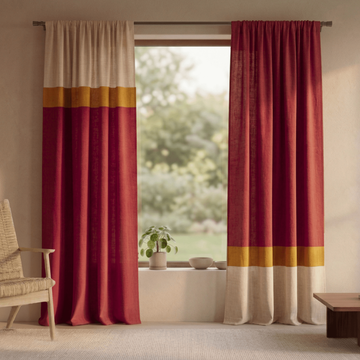 Cotton  Door Curtain in Maroon & Off White | Woven Colour Block Design | 70% Semi Blackout | Top to Bottom Reversible Curtain