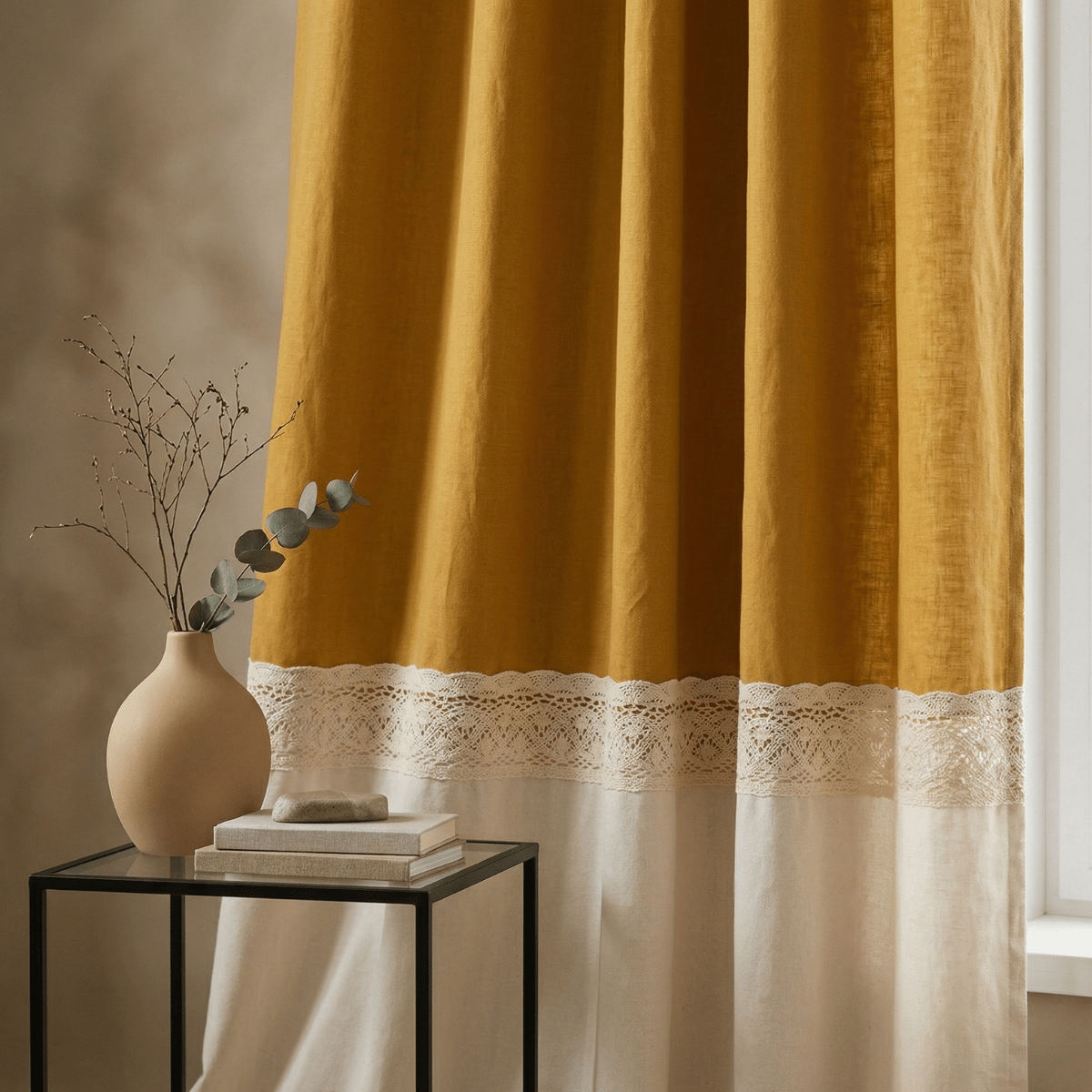 Pure Cotton Door Curtain in Mustard & Off White available in set of 1 and 2
