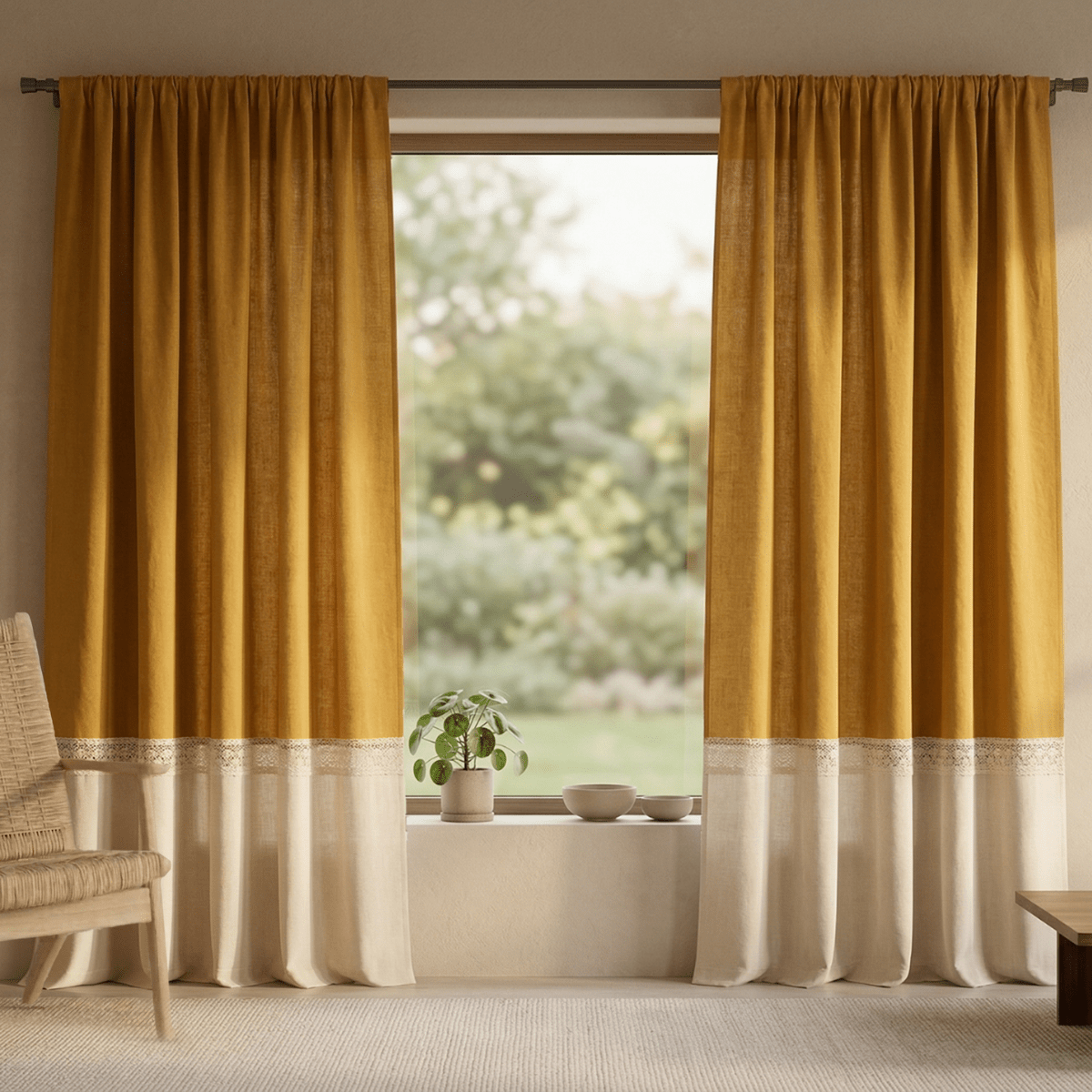 Pure Cotton Door Curtain in Mustard & Off White available in set of 1 and 2