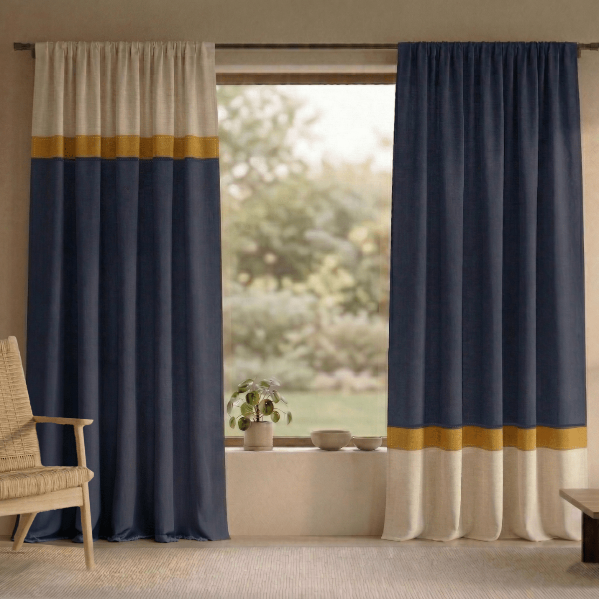 Pure Cotton Door Curtain Woven in Navy and Off white available in set of 1 and 2