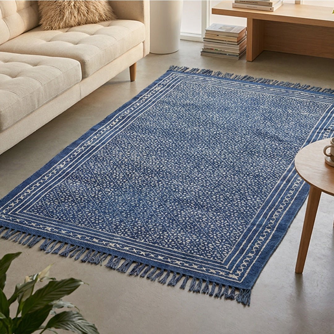 Cotton Floor Rug for Living Room and Bedroom hand block printed with Lattice Print in Indigo Colour| Soft Washable Area Rug| 3x5 Feet