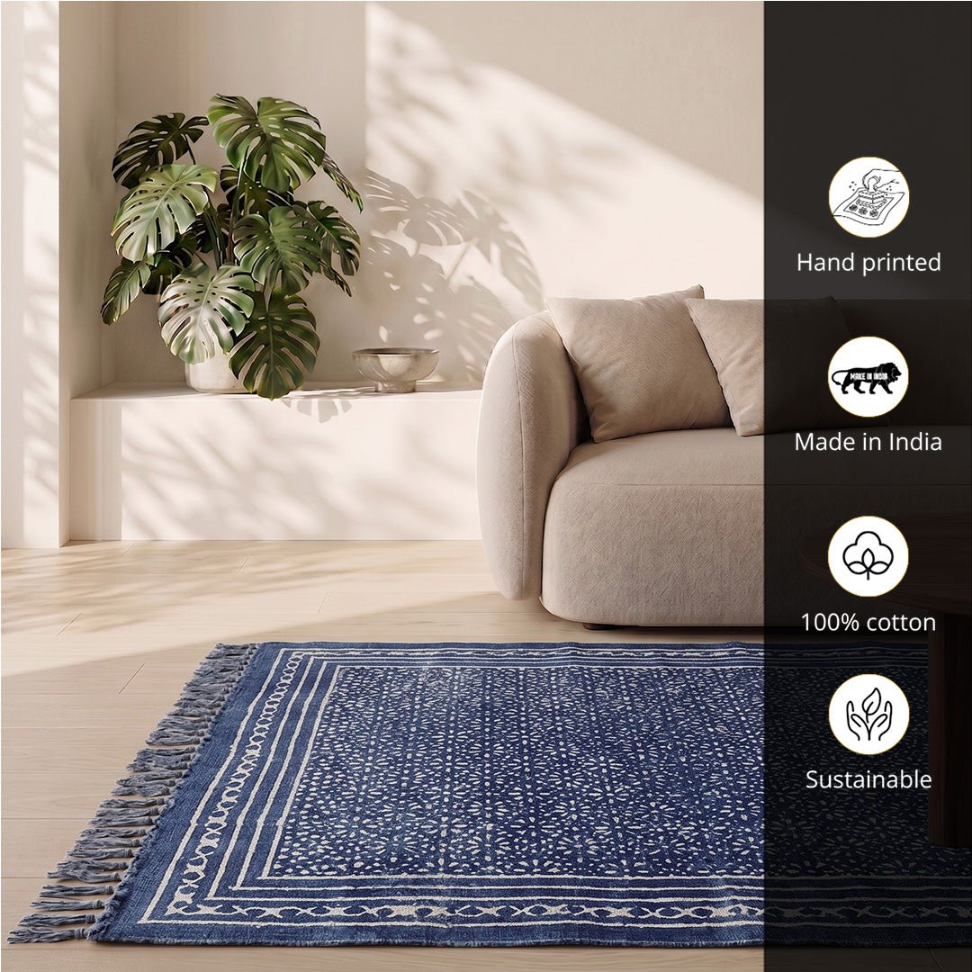 Cotton Floor Rug for Living Room and Bedroom hand block printed with Lattice Print in Indigo Colour| Soft Washable Area Rug| 3x5 Feet