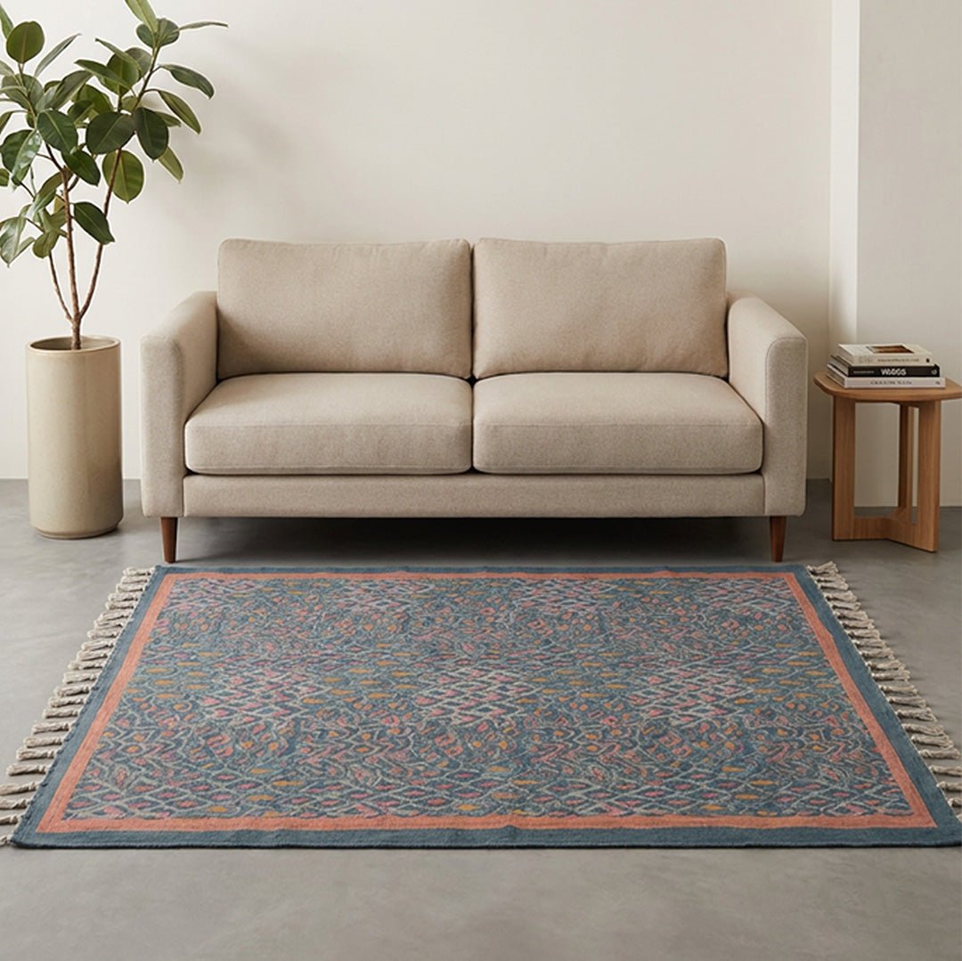Cotton Floor Rug handprinted in Coral and Powder Blue for Living Room and Bedroom| Soft Washable Area Rug| 3x5 Feet