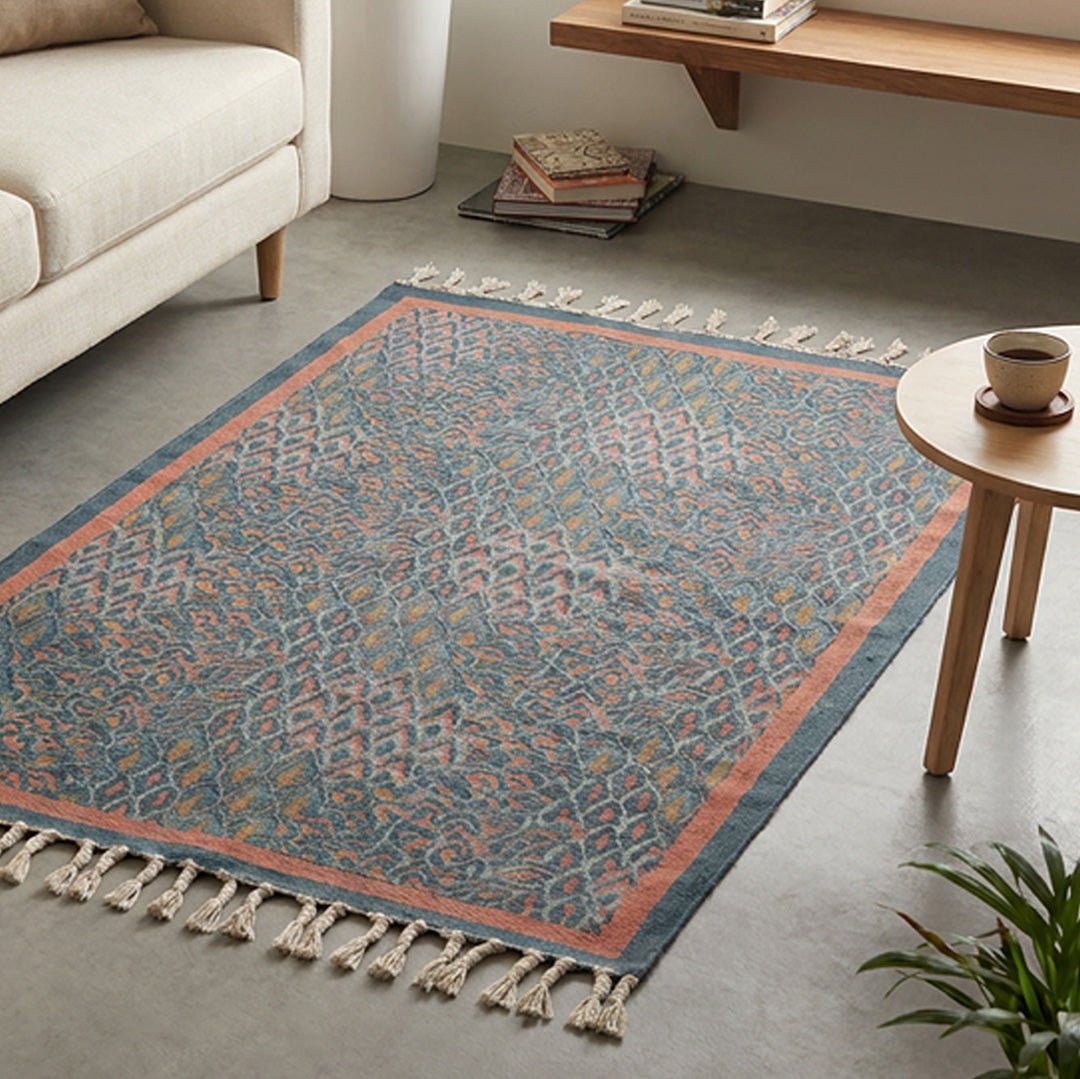 Cotton Floor Rug handprinted in Coral and Powder Blue for Living Room and Bedroom| Soft Washable Area Rug| 3x5 Feet