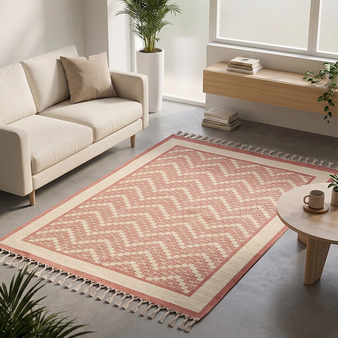 Cotton Floor Rug for Living Room and Bedroom handprinted in Ivory and Coral Chevron design| Soft Washable Area Rug