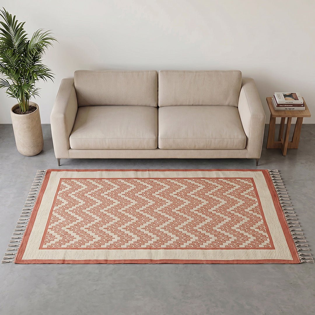 Cotton Floor Rug for Living Room and Bedroom handprinted in Ivory and Coral Chevron design| Soft Washable Area Rug