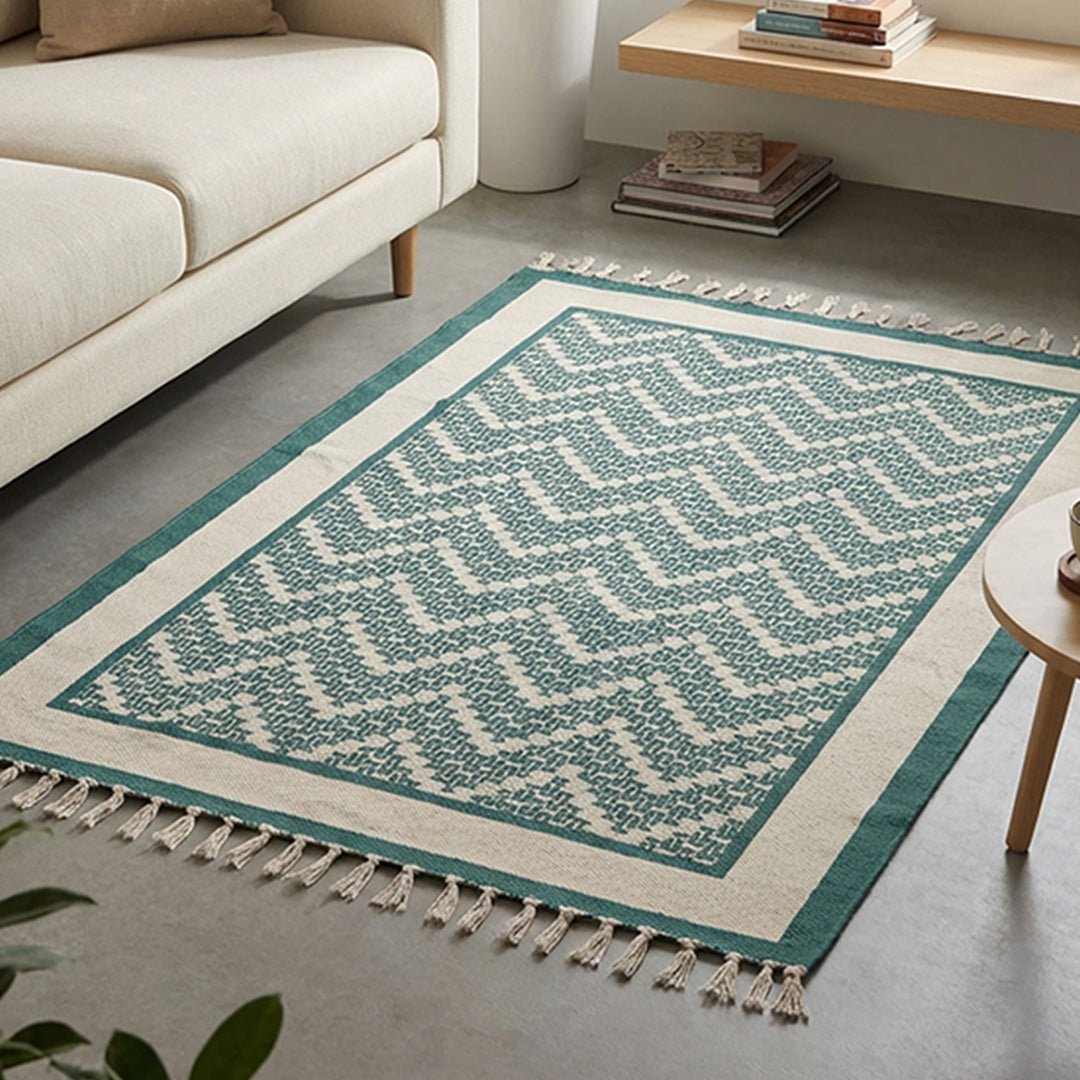 Cotton Floor Rug for Living Room and Bedroom handprinted in Ivory Green Chevron design| Soft Washable Area Rug| 3x5 Feet