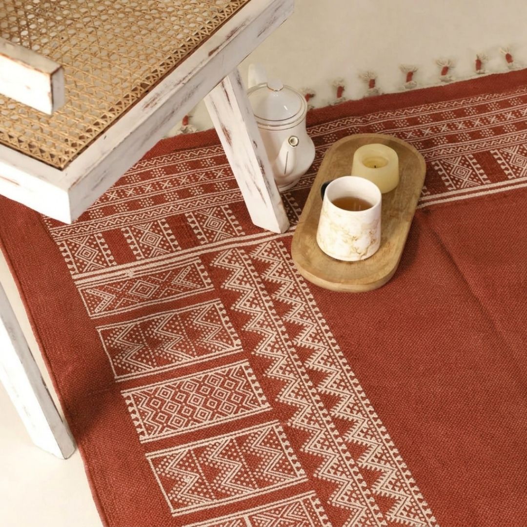 Cotton Floor Rug for Living Room and Bedroom handprinted in Jaipuri Mandana Block Design in Rust brown colour| Soft Washable Area Rug