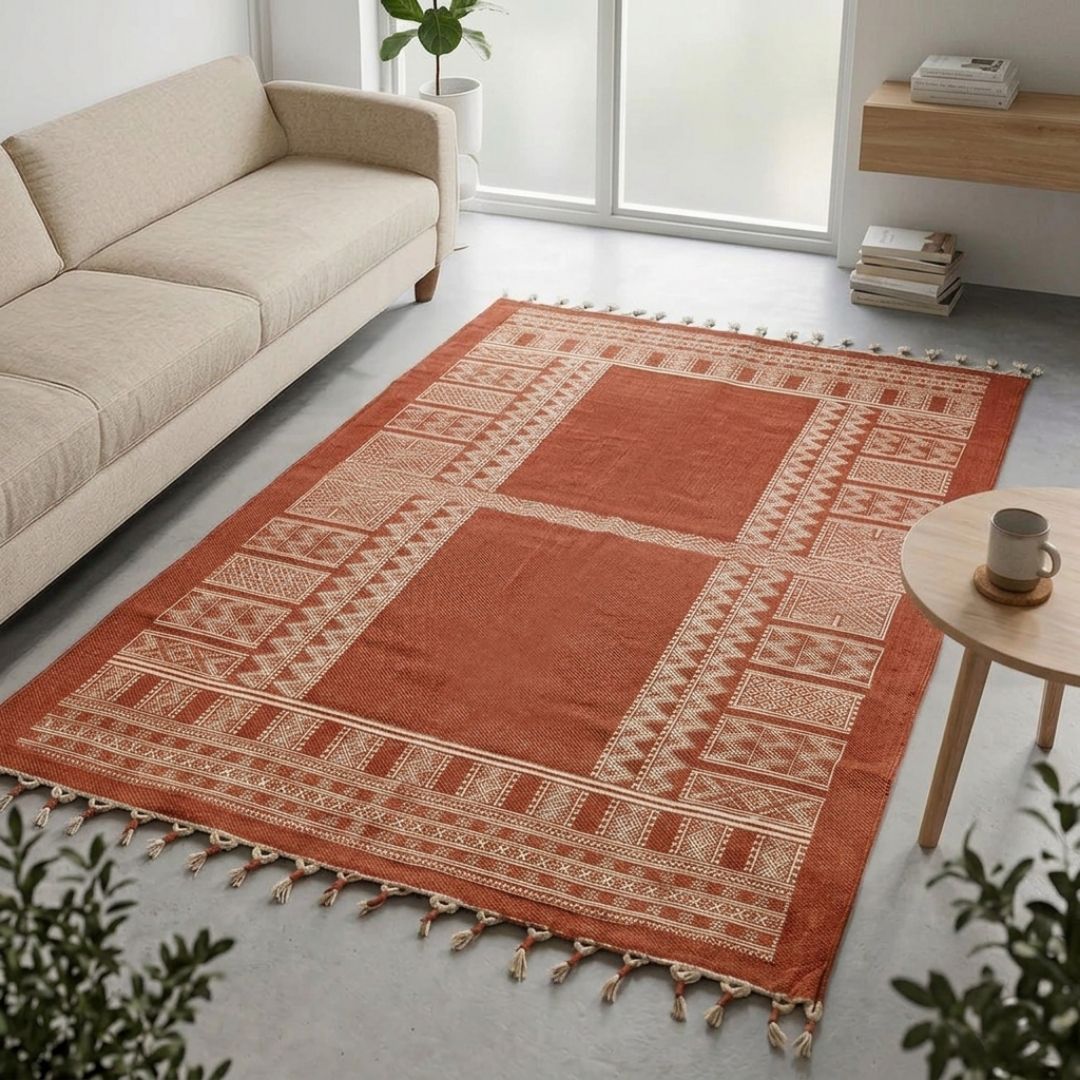 Cotton Floor Rug for Living Room and Bedroom handprinted in Jaipuri Mandana Block Design in Rust brown colour| Soft Washable Area Rug