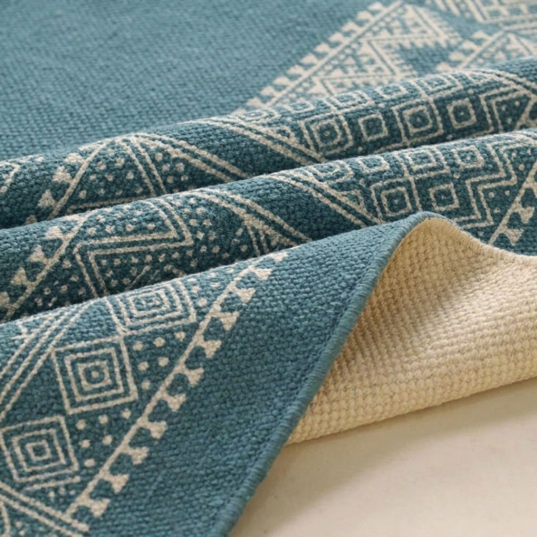 Cotton Floor Rug for Living Room and Bedroom handprinted in Jaipuri Teal design| Soft Washable Area Rug