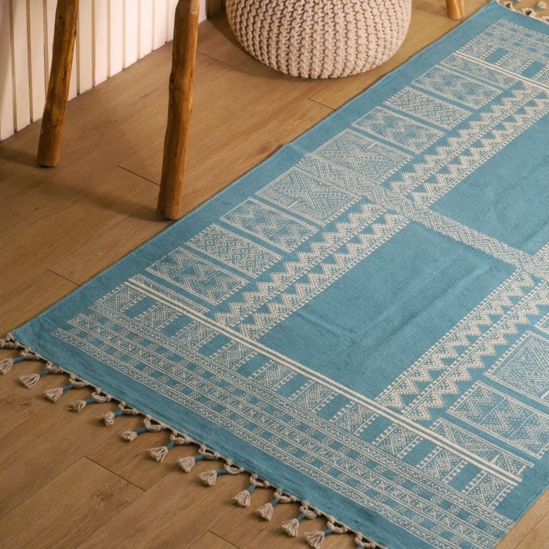 Cotton Floor Rug for Living Room and Bedroom handprinted in Jaipuri Teal design| Soft Washable Area Rug