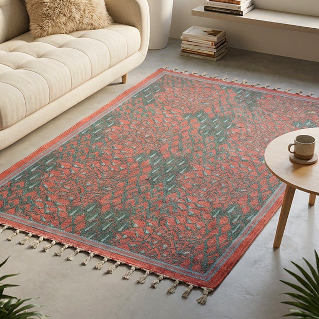 Handprinted Cotton Floor Rug for Living Room in Maroon Navy and Green Colours | Soft Washable Rug