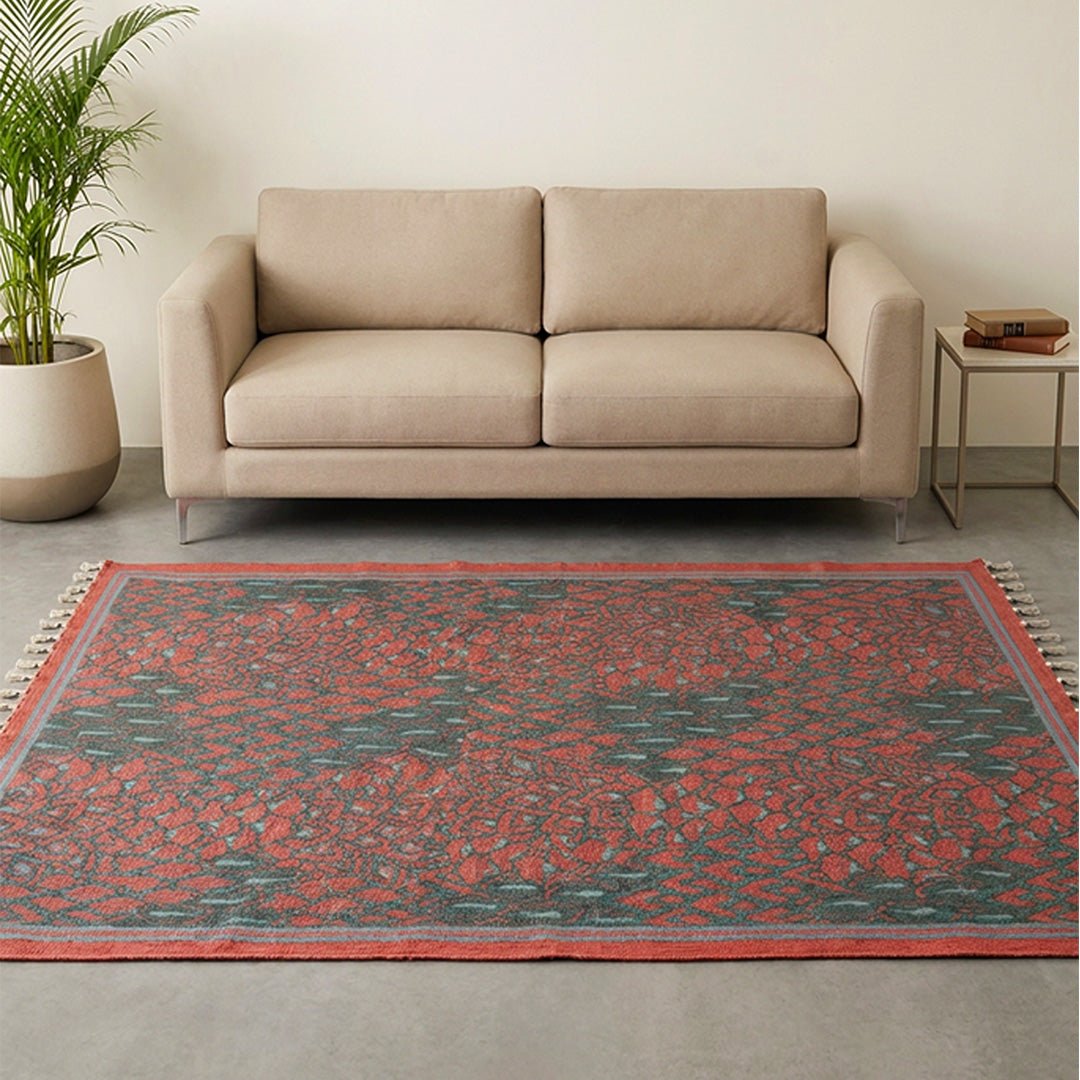 Handprinted Cotton Floor Rug for Living Room in Maroon Navy and Green Colours | Soft Washable Rug