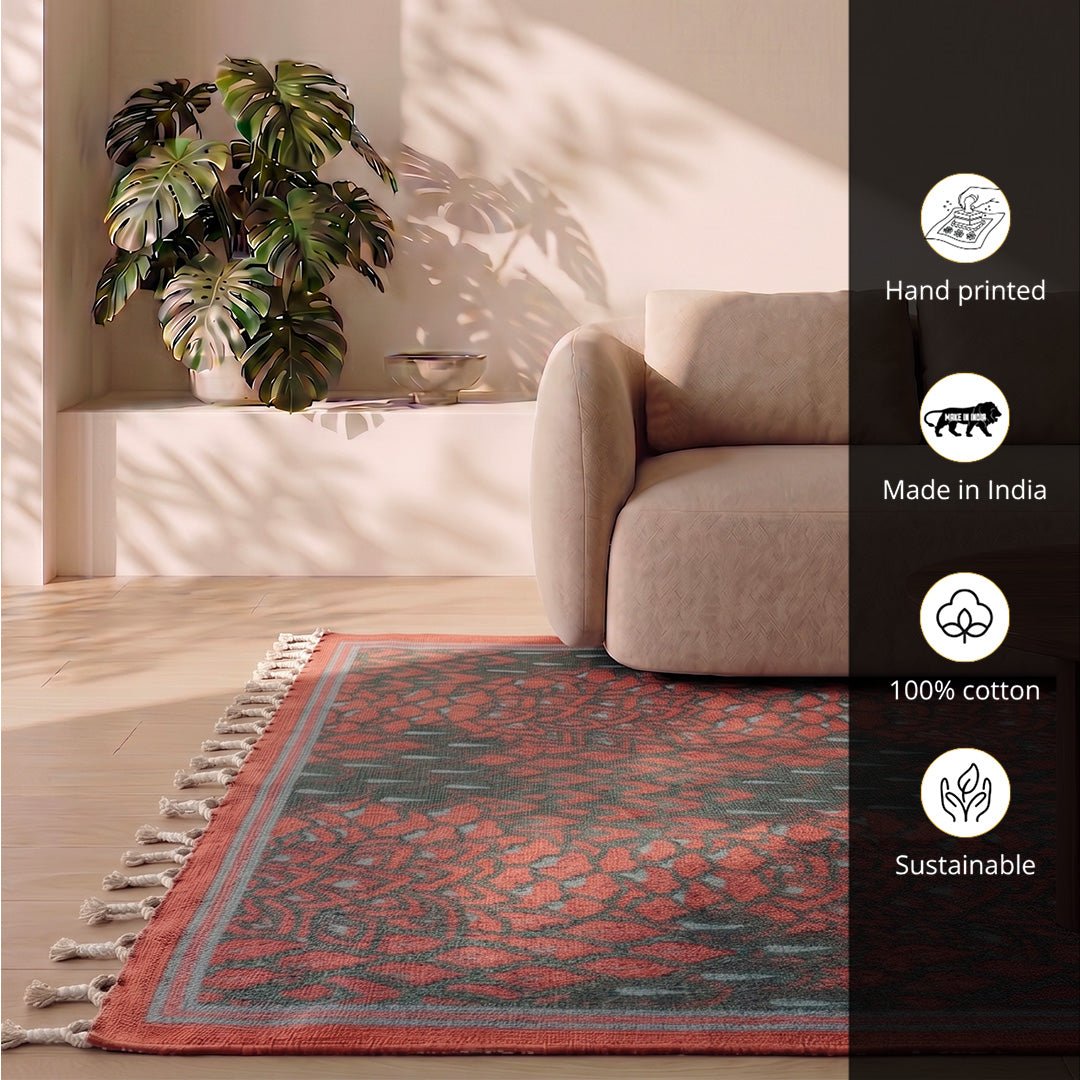 Handprinted Cotton Floor Rug for Living Room in Maroon Navy and Green Colours | Soft Washable Rug
