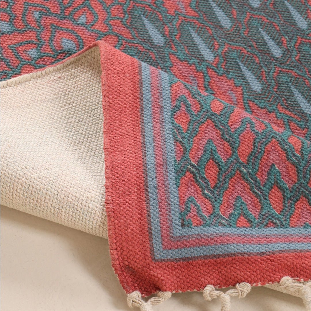 Handprinted Cotton Floor Rug for Living Room in Maroon Navy and Green Colours | Soft Washable Rug