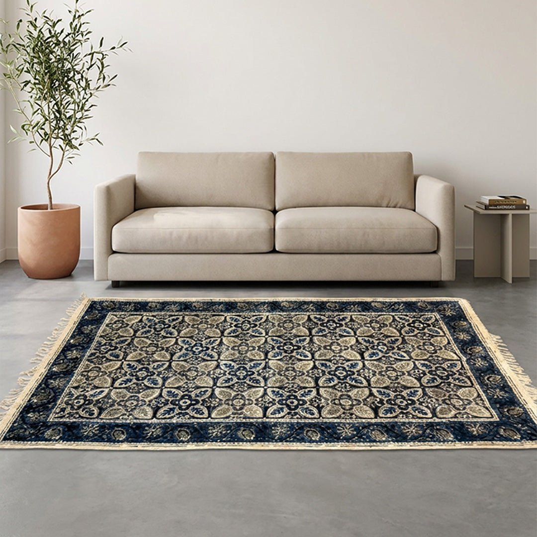 Cotton Floor Rug hand block printed for Living Room and Bedroom in Indigo and Beige Kalamkari Print| Soft Washable Area RugCotton| 3x5 Feet
