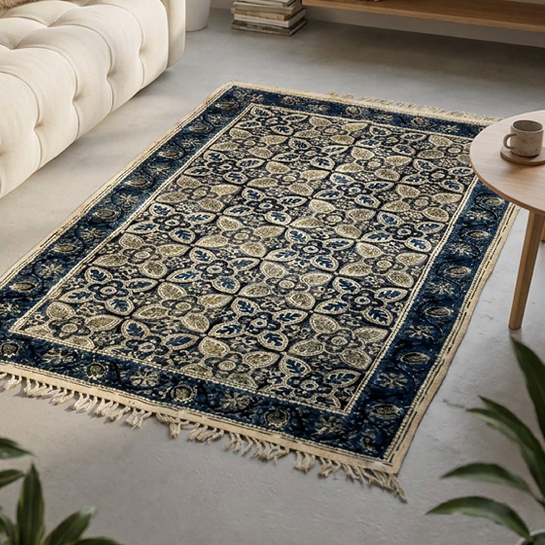 Cotton Floor Rug hand block printed for Living Room and Bedroom in Indigo and Beige Kalamkari Print| Soft Washable Area RugCotton| 3x5 Feet