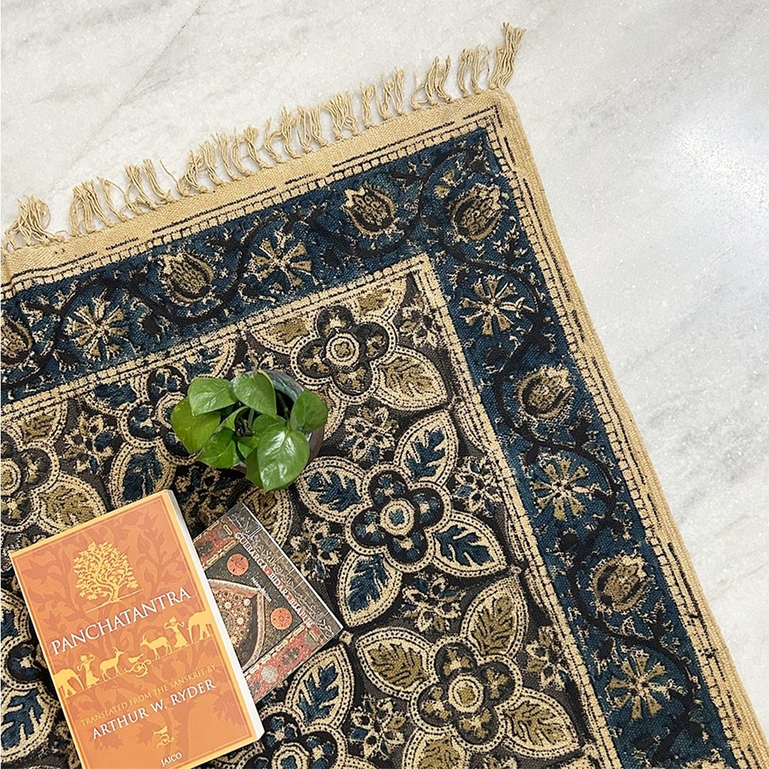 Cotton Floor Rug hand block printed for Living Room and Bedroom in Indigo and Beige Kalamkari Print| Soft Washable Area RugCotton| 3x5 Feet