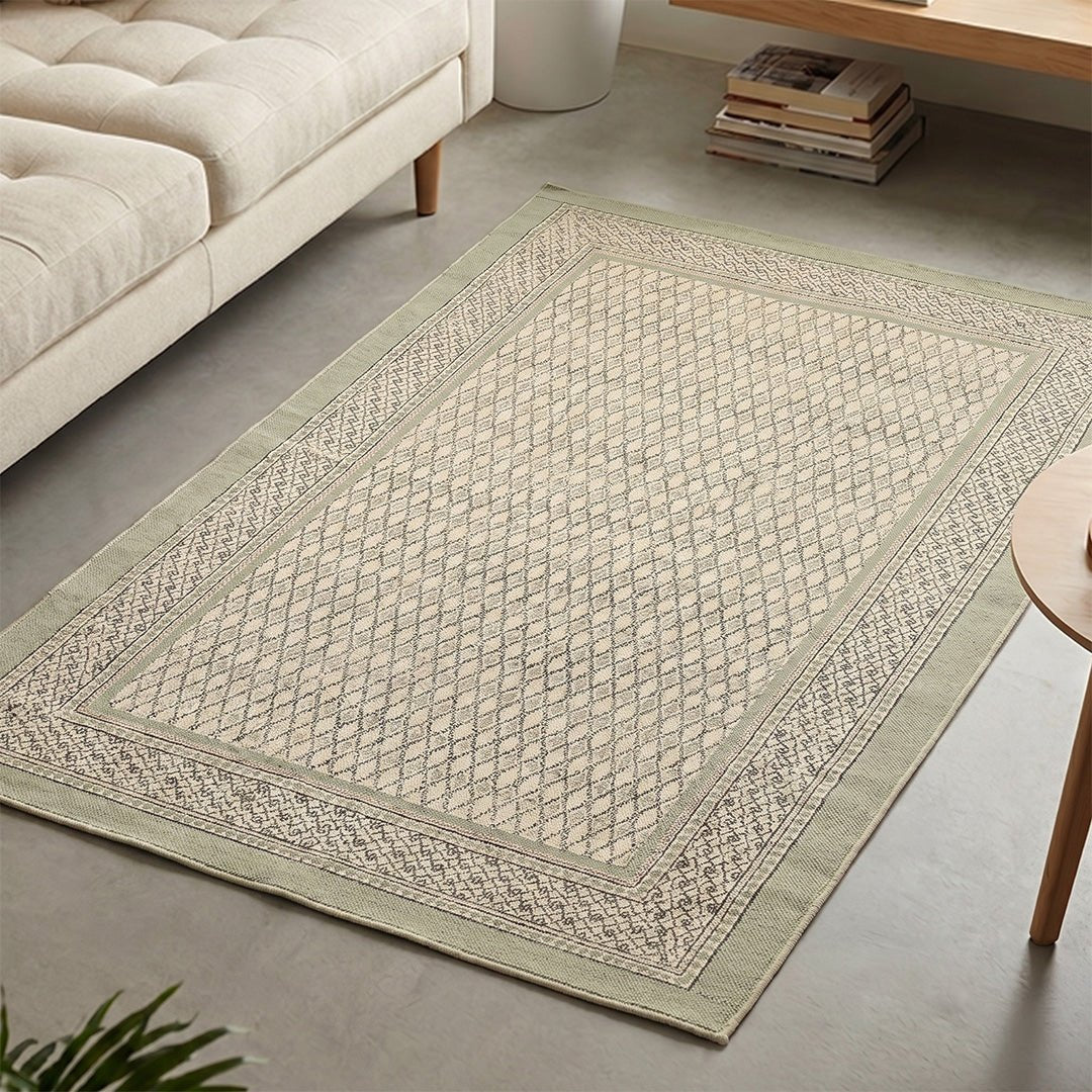 Hand block printed Cotton Floor Rug for Living Room and Bedroom  in Aqua Green | Soft Washable Rug