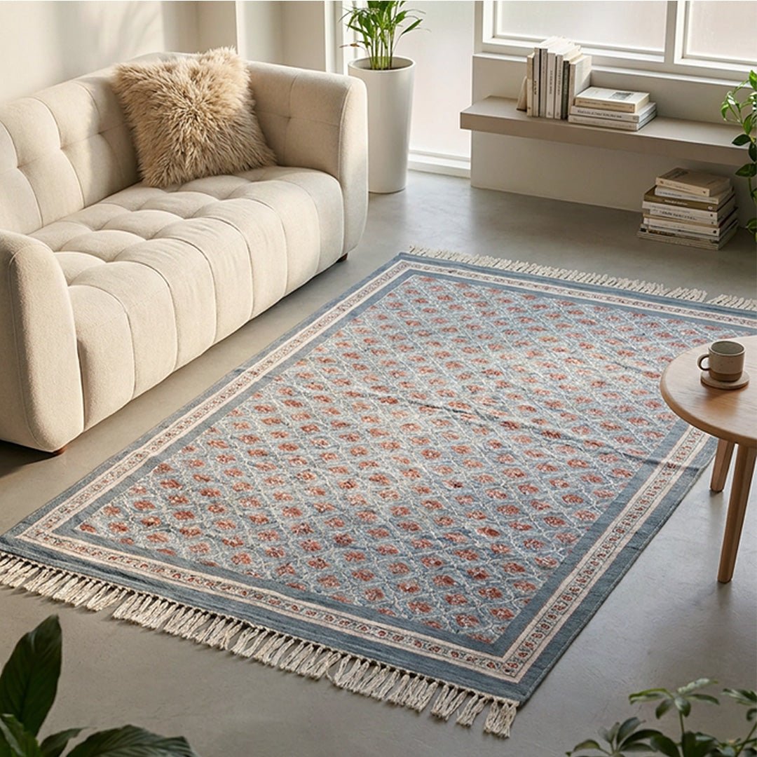 Hand block printed Cotton Floor Rug for Living Room and Bedroom  in Blue and Dusty Pink Colours with a Floral Design | Soft Washable Rug