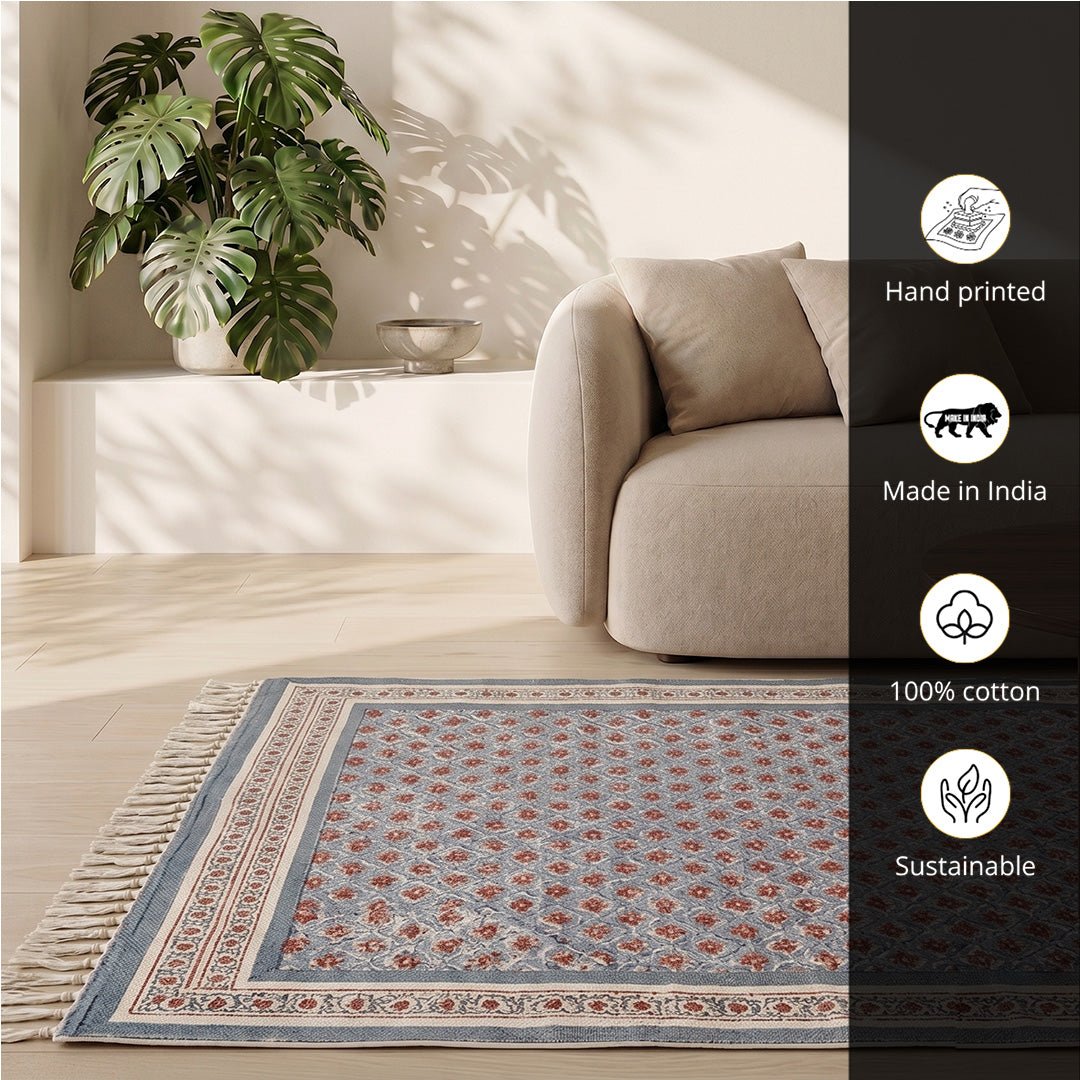 Hand block printed Cotton Floor Rug for Living Room and Bedroom  in Blue and Dusty Pink Colours with a Floral Design | Soft Washable Rug