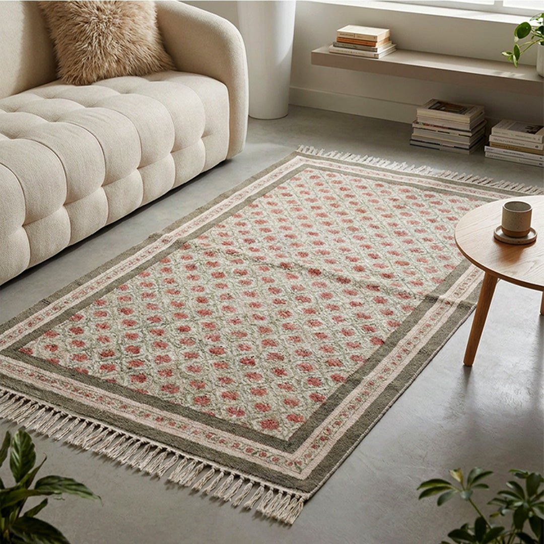 Hand block printed Cotton Floor Rug for Living Room and Bedroom  in Green and Dusty Pink Colours with a Floral Design | Soft Washable Rug