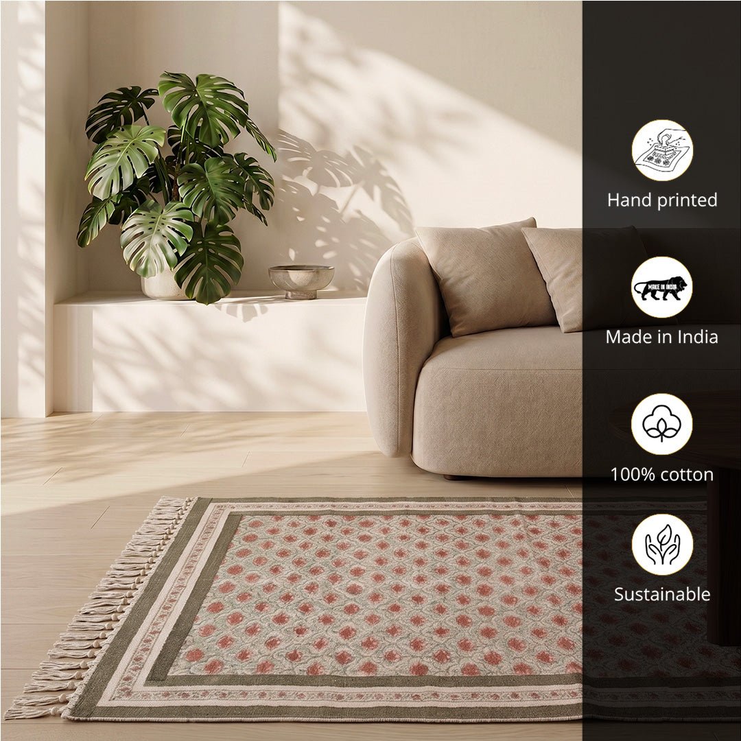 Hand block printed Cotton Floor Rug for Living Room and Bedroom  in Green and Dusty Pink Colours with a Floral Design | Soft Washable Rug