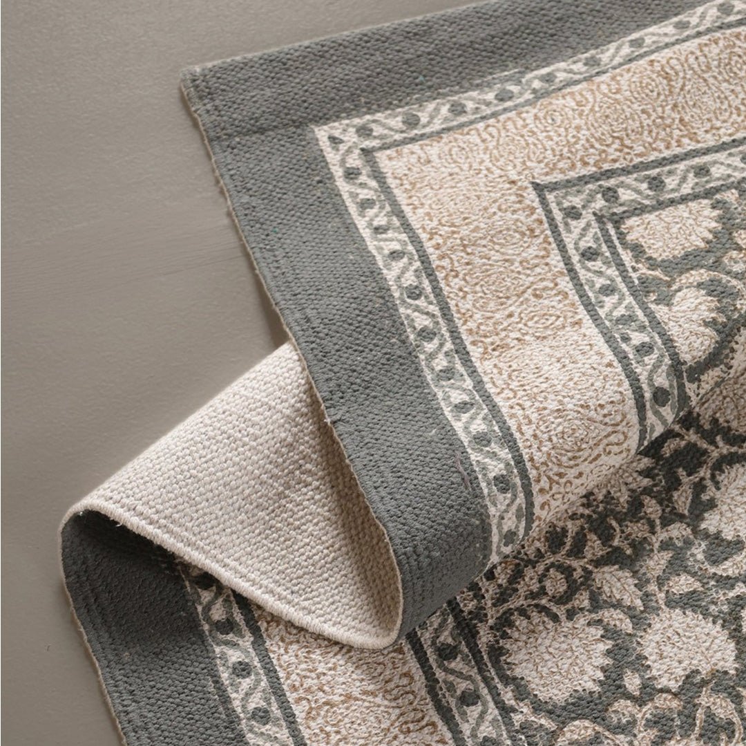 Hand block printed Cotton Floor Rug for Living Room and Bedroom  in Ivory and Charcoal Colour | Soft Washable Rug