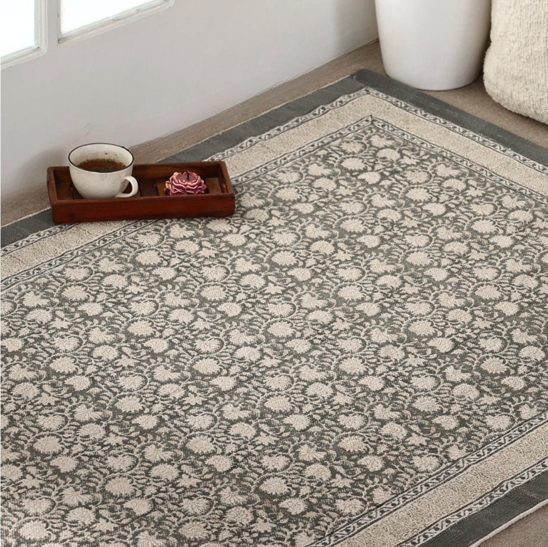 Hand block printed Cotton Floor Rug for Living Room and Bedroom  in Ivory and Charcoal Colour | Soft Washable Rug
