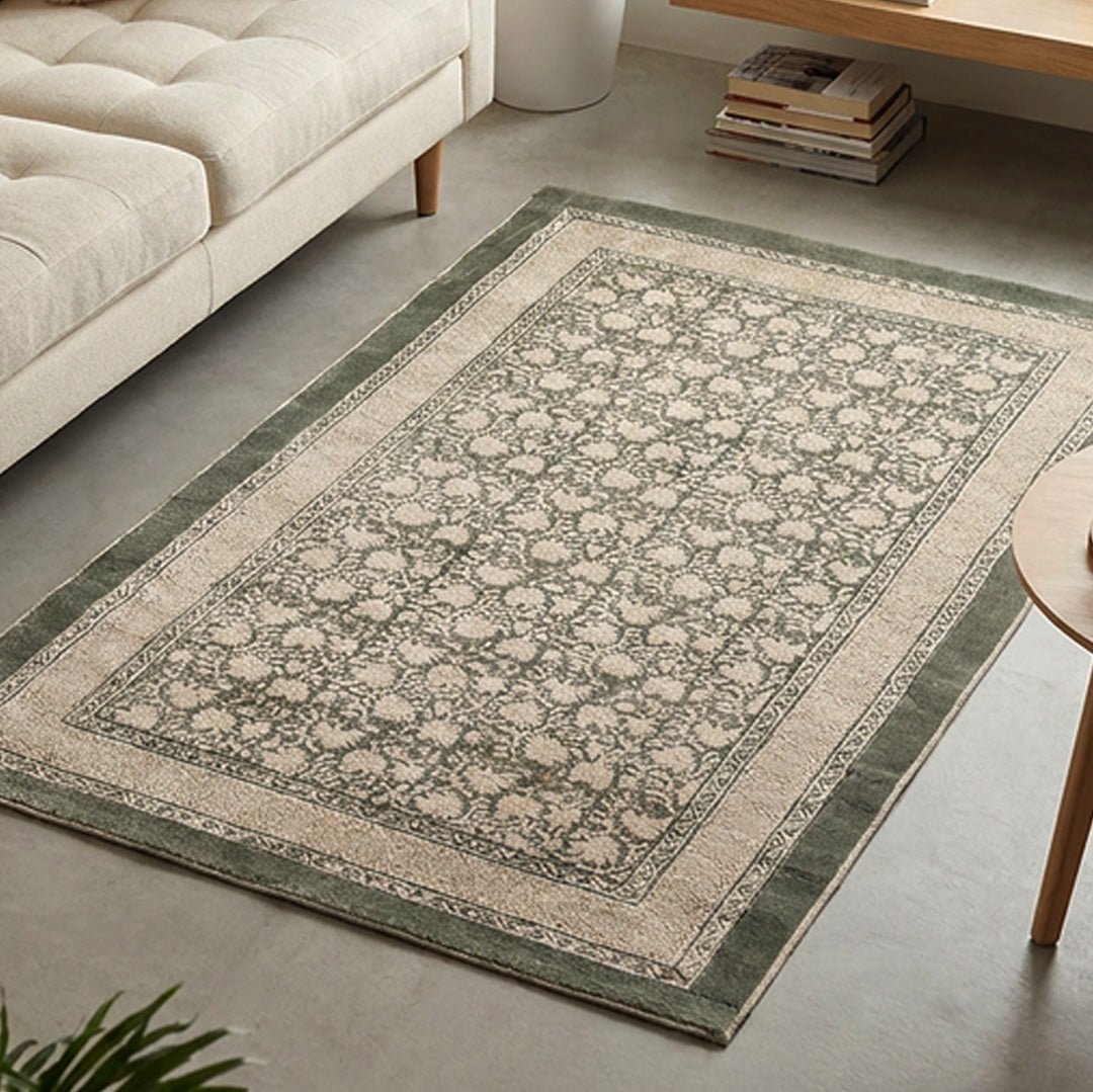 Hand block printed Cotton Floor Rug for Living Room and Bedroom  in Ivory and Charcoal Colour | Soft Washable Rug
