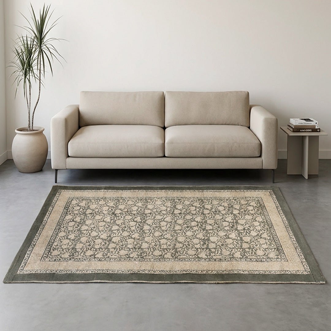 Hand block printed Cotton Floor Rug for Living Room and Bedroom  in Ivory and Charcoal Colour | Soft Washable Rug