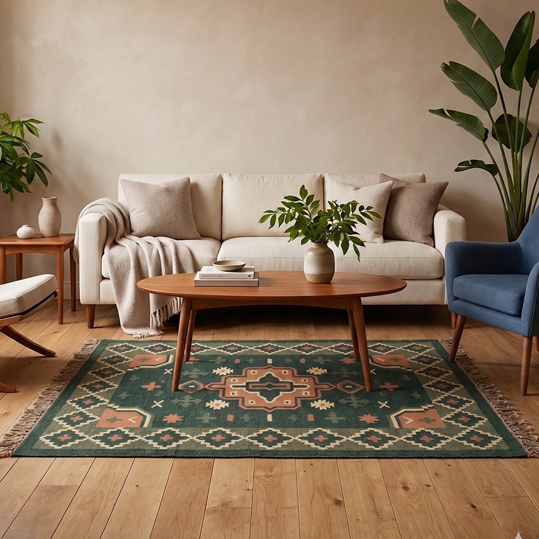 Cotton Floor Rug hand woven with Jute and Wool for Living Room or Bedroom in Green and Peach Colours| 4x6 Feet Durable Area Rug
