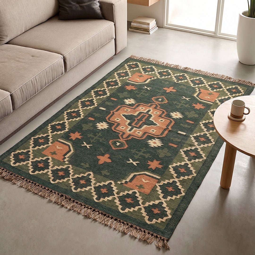 Cotton Floor Rug hand woven with Jute and Wool for Living Room or Bedroom in Green and Peach Colours| 4x6 Feet Durable Area Rug