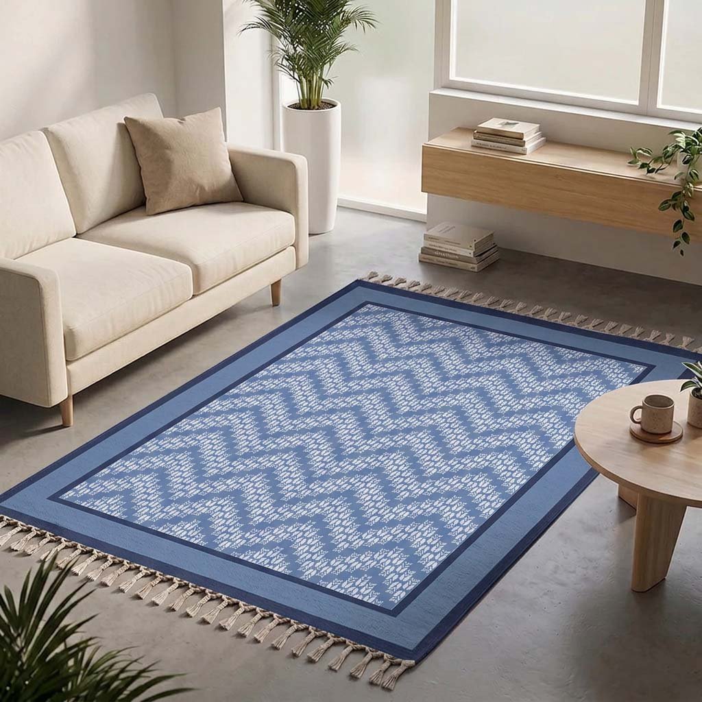 Cotton Floor Rug handprinted in Blue Chevron design for Living room or Bedroom| Foldable Area Rug