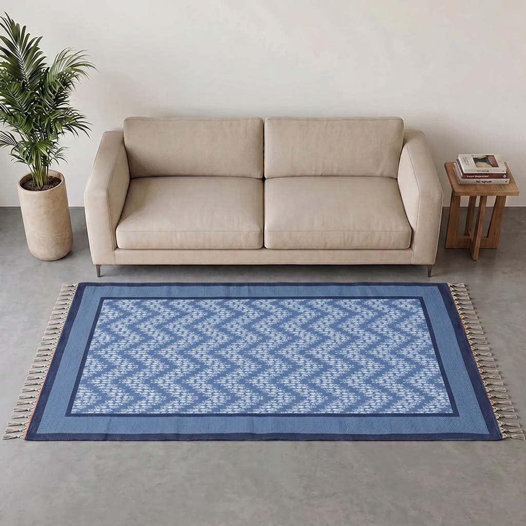 Cotton Floor Rug handprinted in Blue Chevron design for Living room or Bedroom| Foldable Area Rug