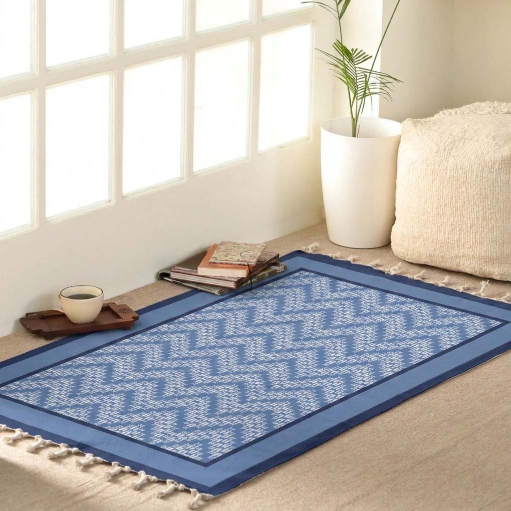 Cotton Floor Rug handprinted in Blue Chevron design for Living room or Bedroom| Foldable Area Rug