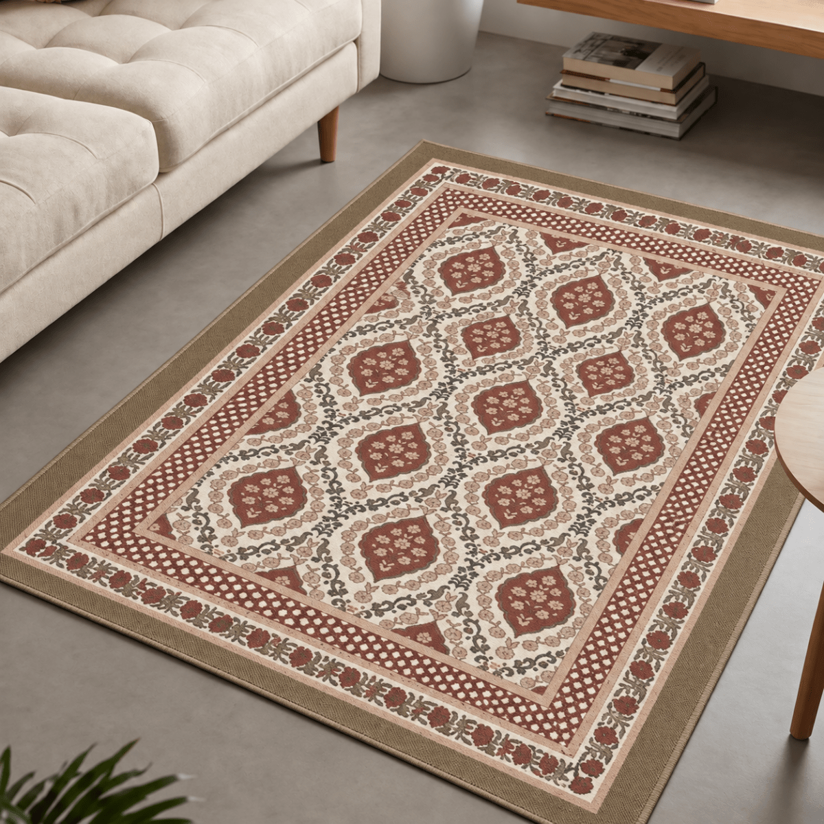 Cotton Floor Rug handprinted in Ivory and Rust for Living Room or Bedroom | Foldable