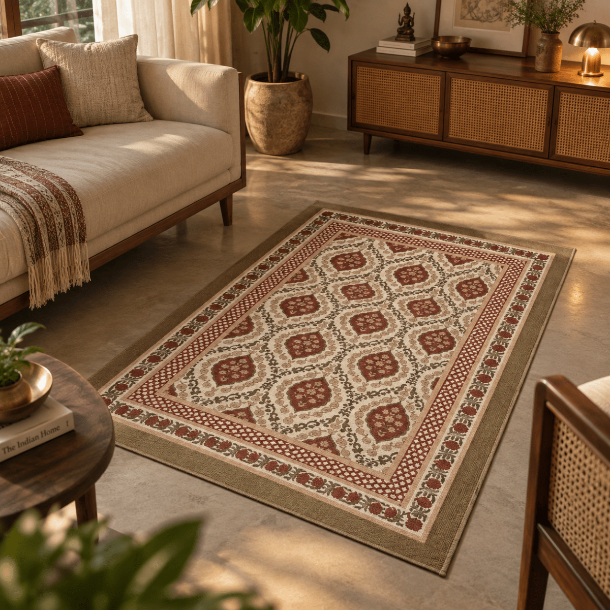 Cotton Floor Rug handprinted in Ivory and Rust for Living Room or Bedroom | Foldable