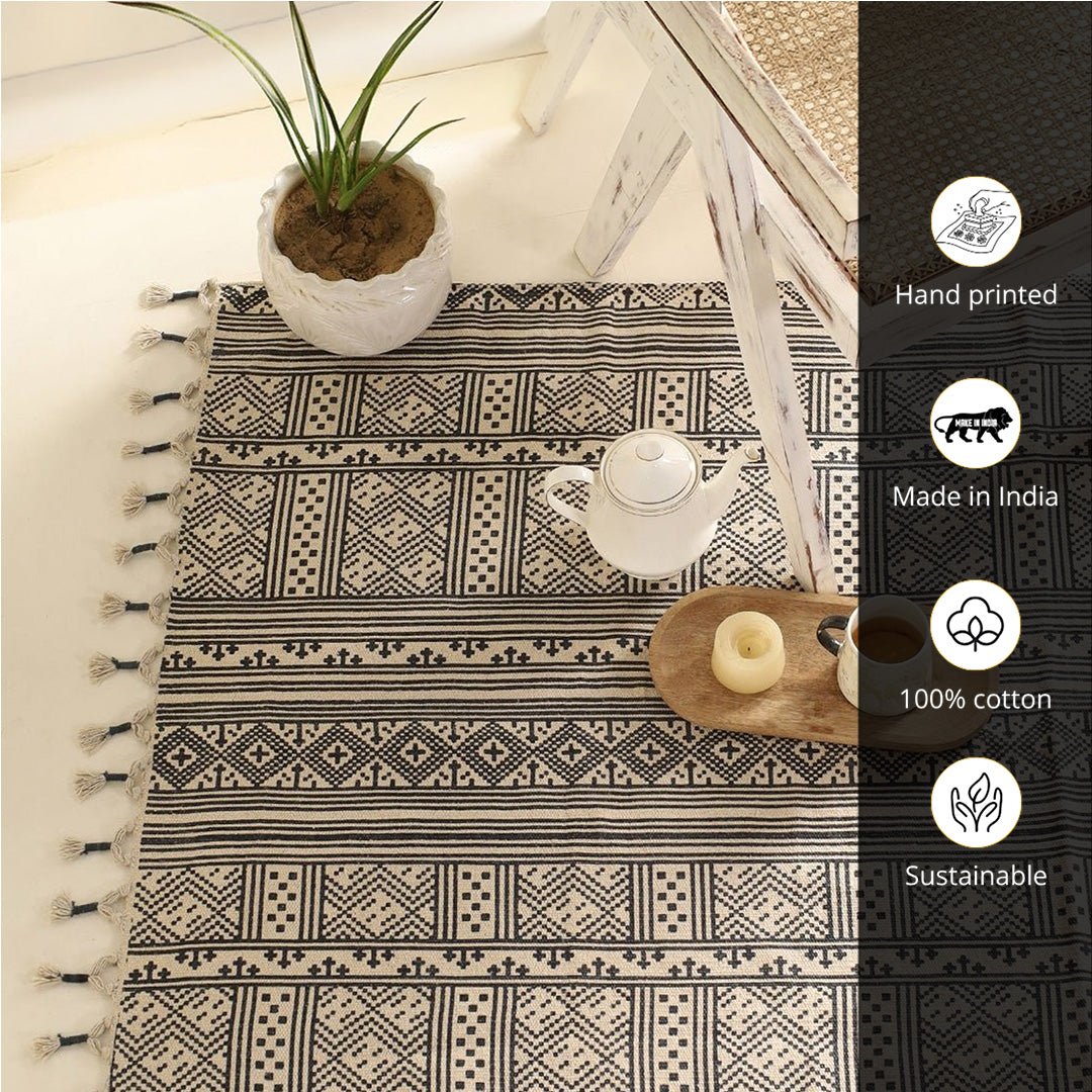 Cotton Floor Rug handprinted in Monochrome Colours for Living Room and Bedroom|Soft Washable Area Rug| 4 x 6 feet