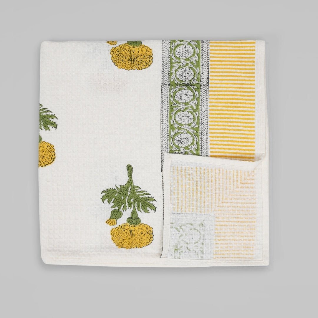 Cotton Hand And Bath Towel Set Block Printed In Marigold Pattern Super Absorbent Soft and Faster Drying 300 GSM Handmade In