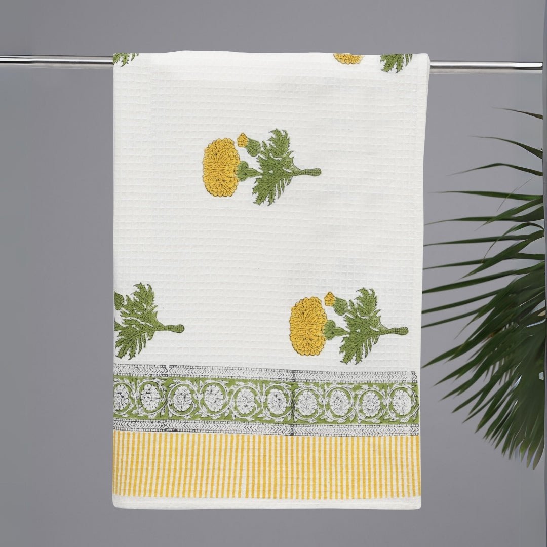 Cotton Hand And Bath Towel Set Block Printed In Marigold Pattern Super Absorbent Soft and Faster Drying 300 GSM Handmade In