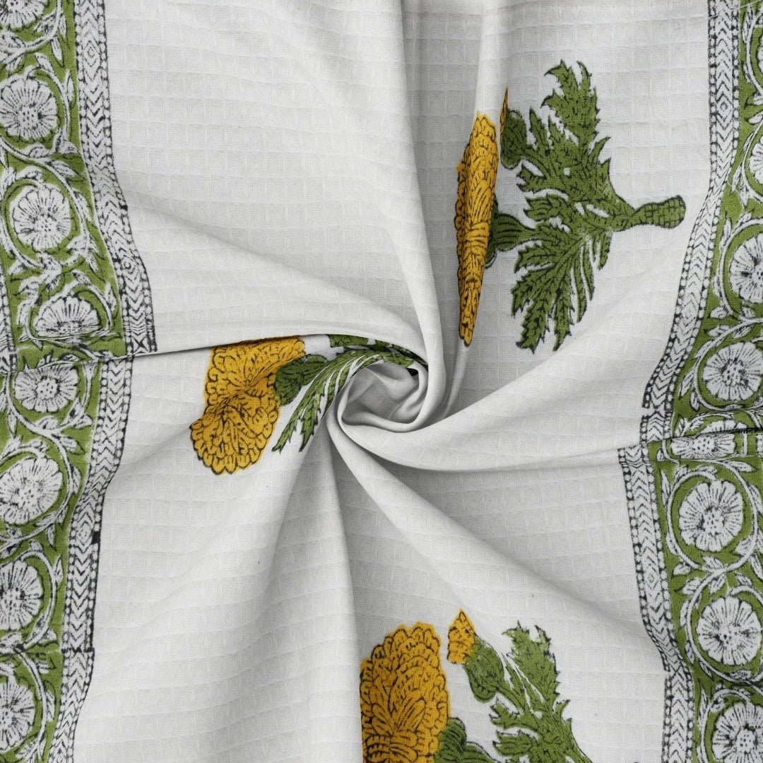 Cotton Hand And Bath Towel Set Block Printed In Marigold Pattern Super Absorbent Soft and Faster Drying 300 GSM Handmade In