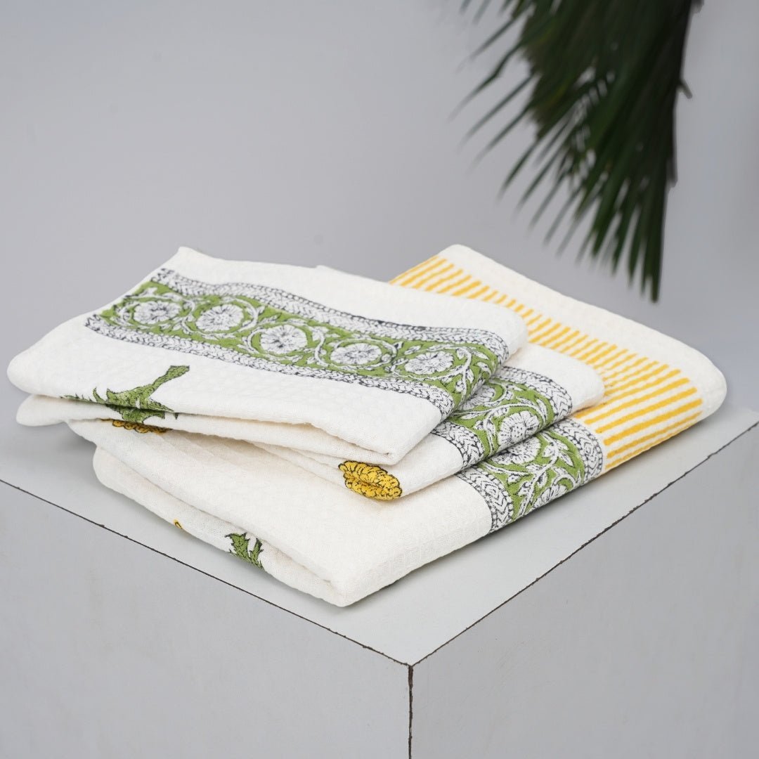 Cotton Hand And Bath Towel Set | Block Printed In Marigold Pattern | Super Absorbent Soft and Faster Drying | 300 GSM | Handmade In India - Bath Towel: 30 x 60 inches & Hand Towel: 16 x 24 inches / 2 Hand Towels / White
