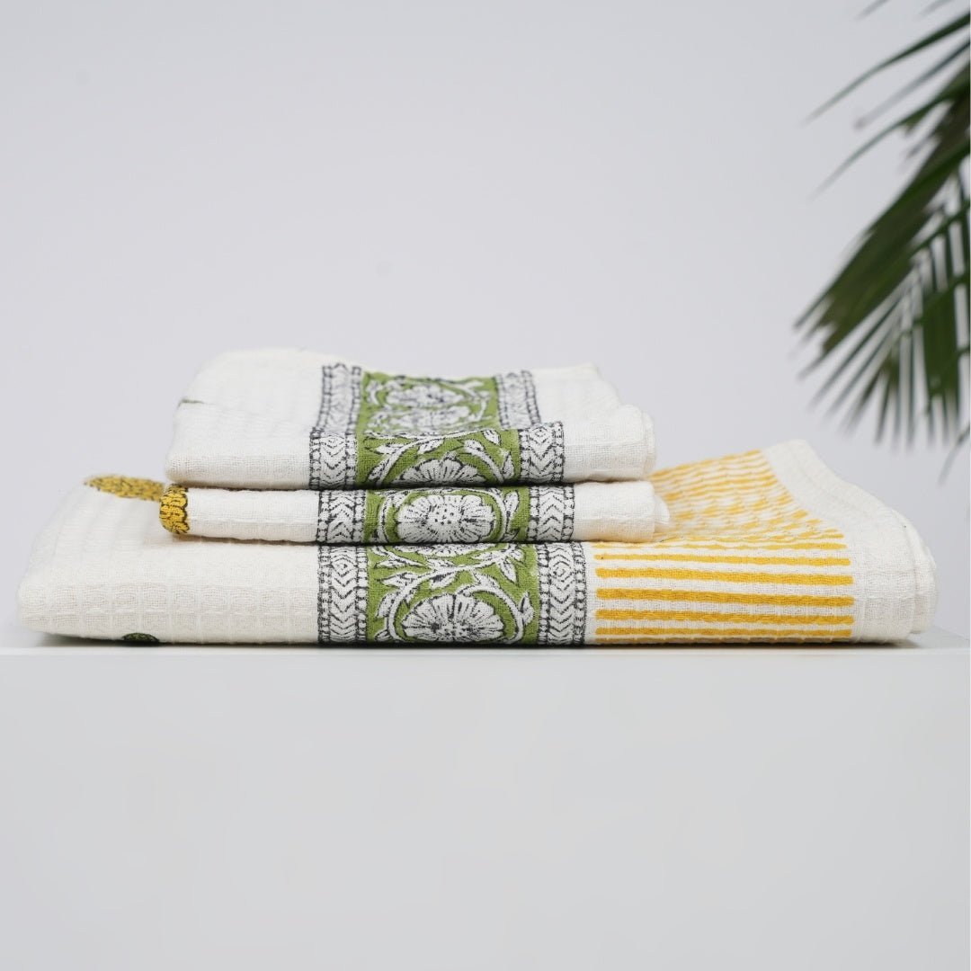 Cotton Hand And Bath Towel Set Block Printed In Marigold Pattern Super Absorbent Soft and Faster Drying 300 GSM Handmade In