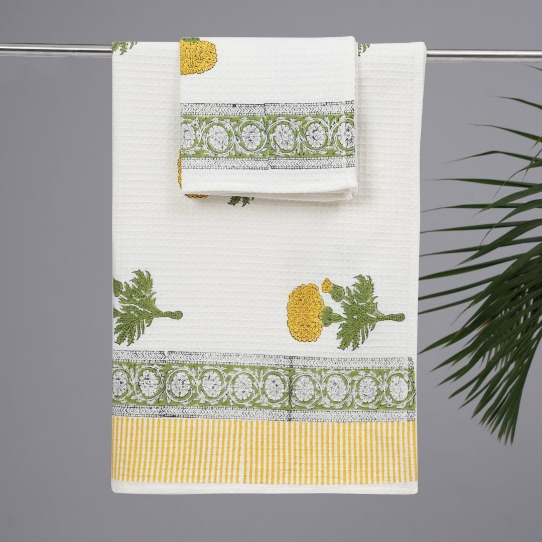Cotton Hand And Bath Towel Set Block Printed In Marigold Pattern Super Absorbent Soft and Faster Drying 300 GSM Handmade In